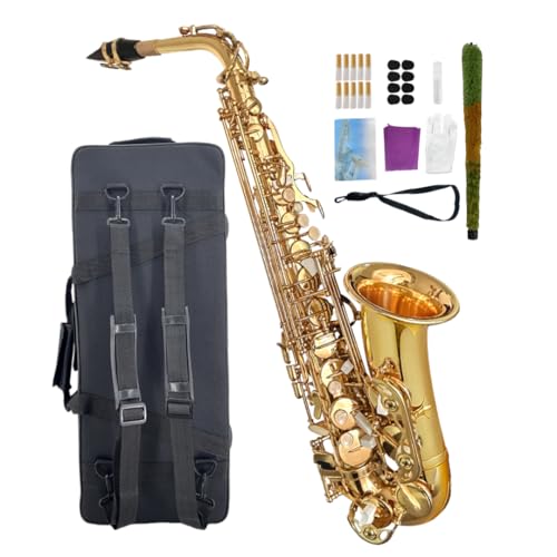 WUQIMUSC Kit de saxofón alto para principiantes, saxofón para estudiantes, instrumento profesional de saxofón de latón con estuche para saxofón, boquilla, lengüetas, guantes, paño de limpieza y