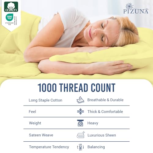 Image of Pizuna 100% Cotton Bedsheet Super King Size Mellow Yellow, 1000 Thread Count Long Staple Combed Cotton Flat Bedsheets 108x108 Inches with 4 Pillow Covers, Bed Sheet for Super King Size Bed
