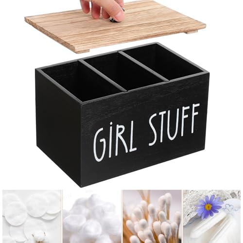Tampon Holder for Bathroom with Lid, Wood Qtip Holder 3-Section Feminine Product Organizer, Tampon Storage Container Girl Stuff Box for Cotton Swab, Pad, Floss and Hair Bands