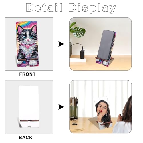 Image of Cute Cat Diamond Painting Phone Stand with Mirror, DIY Wooden Diamond Art Desktop Holder, 2-in-1 Multi-Functional Diamond Painting Tabletop Ornament for Home and Office