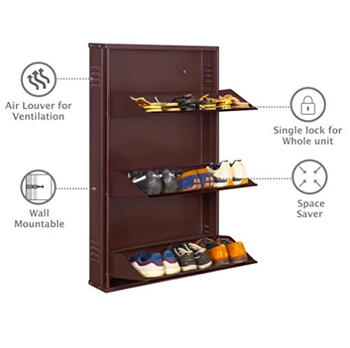 Image of DELITE KOM 24 Inch Wide, 3 Shelf Metal Shoe Rack Wall Mounted for Home with Central Lock | Holds Upto 9 Shoes or 15 Slippers Pair | 1 Year Warranty | (41 x 24 x 5 Inch, Coffee) | DIY | Space Saving