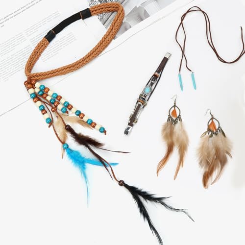 HUKUMA Boho-Kopfschmuck Damen, Hippie Schmuck Accessoires, Vintage Boho Stirnband mit Federn, Haarband Ohrringe Lederhalskette Leder-Armband,für Karneval, Fasching, Hippie Schmuck