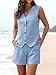 ELLEVEN Two Piece Sets for Women Summer 2 Piece Linen Outfits Lounge Wear Matching Sets Fashion Sleeveless V Neck Vest and High Waisted Shorts Sets With Pockets Air Blue Large