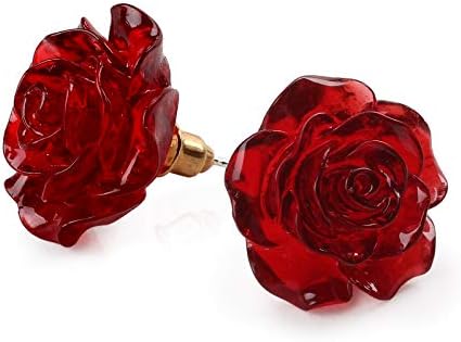 925 Sterling Silver Earrings Rose Flower, Pretty Blooming Carved Red Rose Dangle Earrings Tiny Resin Rose for Women for Teen for Mother