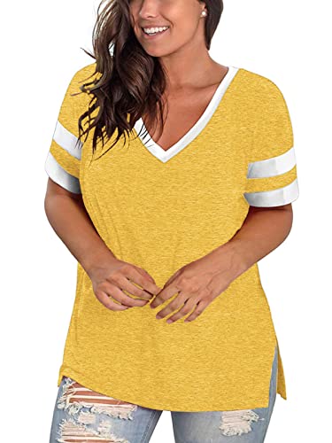 ROSRISS Plus-Size Womens Tops V Neck Color Block Tee Side Split Striped Tunics