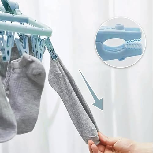 Aiweijia Hanging drying rack, Thickened clothes drying rack with 32 clips, 360° folding underwear rack with Windproof Hook Clips Drying Rack For Drying Baby Clothes, Towels, Underwear, Socks Blue - Image 3