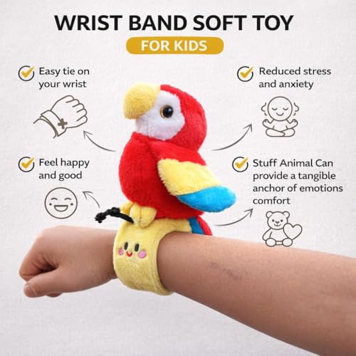 Image of Colorful Macaw Parrot Wrist Plush Toy | Soft Slap Band Bracelet for Kids | Cute Bird Soft Toy for Playing & Gifting - Red & Yellow