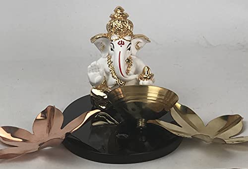 Image of Lord Ganesh Idol Figurine with Diya Polyresin Ganesha Murti for Ganesh Chaturthi Puja Ganesh Murti for Office Table Top Home Decor Gifting & Puja Decoration