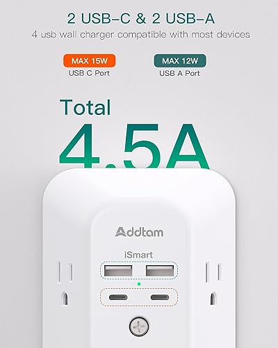 Power Bar, USB Wall Charger Surge Protector 5 Outlet Extender with 4 USB Charging Ports (2 USB C), Multi Plug Outlet, 3-Sided 1800J Power Strip Outlets Splitter Wall Plug Adapter f image 6