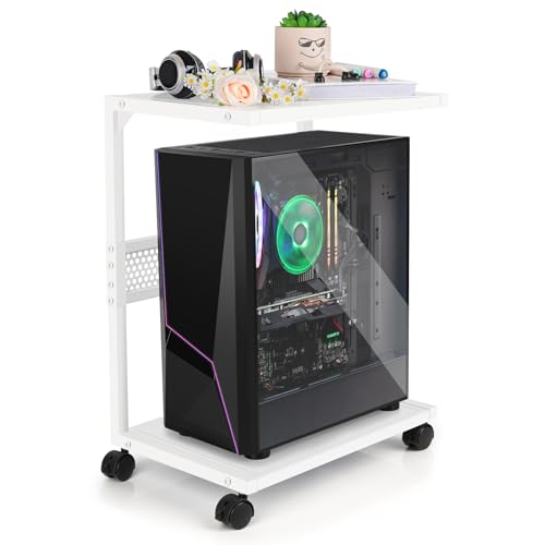 Bfttlity PC Stand Computer Tower Stand 2-Tier Metal CPU Holder with Locking Caster Wheels Suitable for Most PC (S,White)