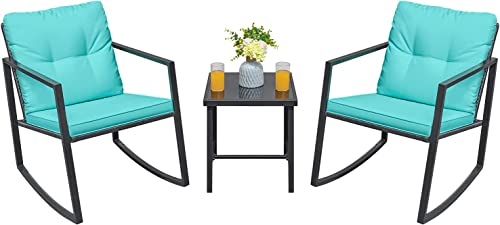 Greesum 3 Pieces Rocking Wicker Bistro Set, Patio Outdoor Furniture Conversation Sets With Porch Chairs And Glass Coffee Table, Blue #TOP2