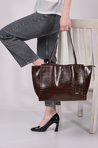 Image of LEEZEL Women's Structured Tote Bag - Large Capacity Work & Travel Purse Croco Pattern Vegan Leather Stylish Tote Bag Classic Everyday Shoulder Bag