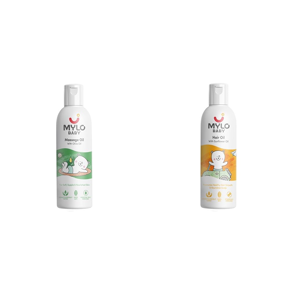 Mylo Baby Massage Oil (200 ml) & Mylo Baby Hair Oil 100 ml | Dermatologically Tested | With Pure Desi Ghee & Olive Oil | Made Safe Certified-image-45