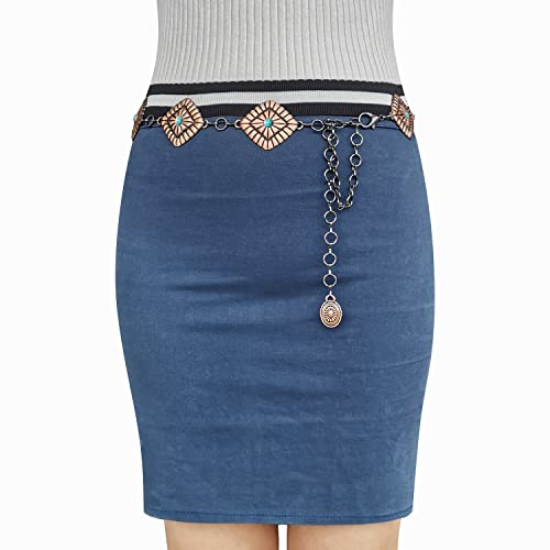 Turquoise Concho Chain Belt For Women, Western Metal Waist Ladies With Antique Copper Plating (Green Turquoise), 48.5'' (33''+Extended Chain 15.5'') #TOP3