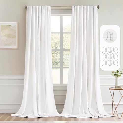 MIULEE Pure White Back Tab Blackout Curtains 108 Inch Long 2 Panels Set for Bedroom, Rod Pocket/Pinch Pleat Extra Long Thermal Insulated Living Room Darkening Pleated Light Blocking Drapes