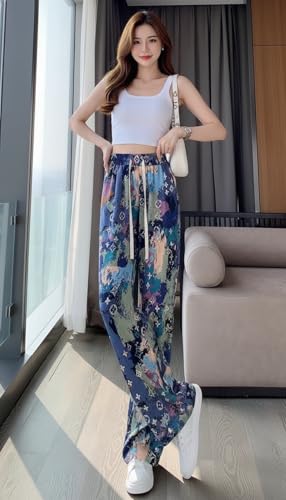 Image of Celary Women's Printed Palazzo Pants - Silk Blend High Waist Wide Leg Trousers | Elastic Waist Relaxed Fit Casual Flowy Pants for Travel, College, Office
