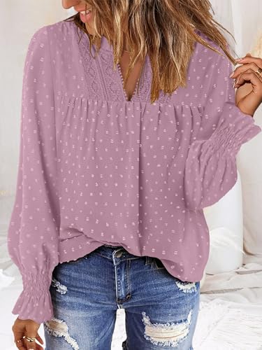 BETTE BOUTIK Women Boho Long Sleeve Shirts Dressy Casual V Neck Fall Fashion Tops Swiss Dot Flowy Blouses