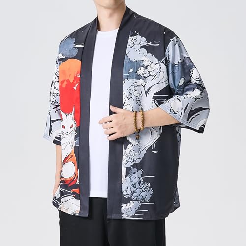 Image of Men's Japanese Kimono Robe Jacket Lightweight 3 /4 Sleeve Open Front Yukata | Silky Smooth Fashion Print Happi Coat Lightweight Breathable Loose Unisex Haori Casual Summer Cardigan Daily Beach Vacation