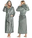 NY Threads Premium Ultra Soft Robes for Women with Hood Plush Fleece Long Bathrobe, Medium, Steel Grey