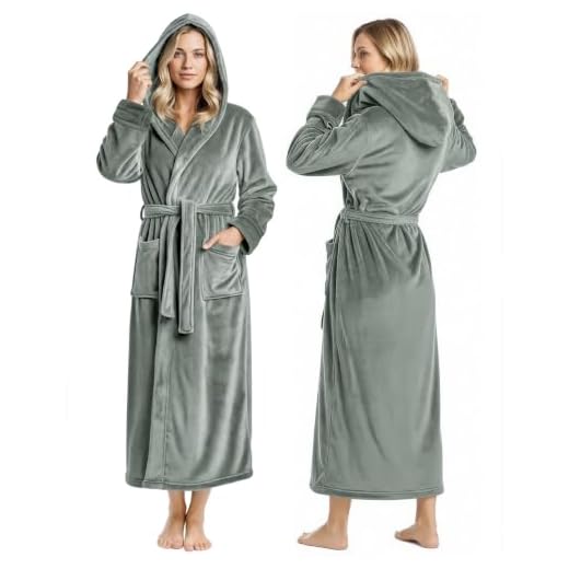 NY Threads Premium Womens Robe with Hood, Plush Fleece Long Bath Robe for Women, Fluffy Soft Women's Bathrobe, Medium, Steel Grey
