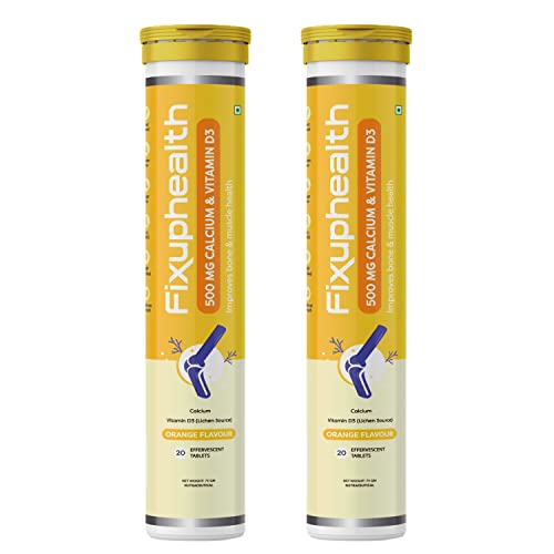 Fixuphealth Calcium 500mg and Vitamin D3 Effervescent Tablets Orange Flavour Pack of 2 20 tablets each pack Useful for Bone health strenght maintenance and Muscle care