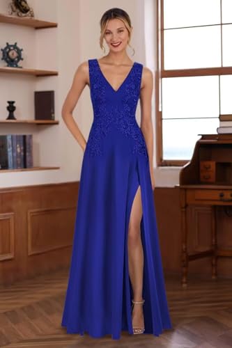 Lace Chiffon Mother of The Bride Dresses for Wedding Appliques Formal Dresses V Neck Evening Gowns with Slit3