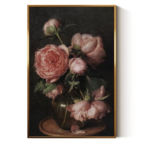 InSimSea Golden Framed Vintage Canvas Wall Art Peonies Still Life with Flowers Floral Painting 16x24in, Moody Rustic Bouquet of Roses in Vase Wall Decor, Pink Peony Print Farmhouse Home Decor