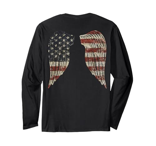 Angel Wings Rustic American Flag Patriotic Tattoo Style Long Sleeve