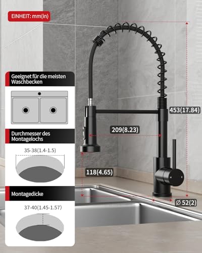 Rainsworth Wasserhahn Küche Schwarz Edelstahl - Zwei Wasserstrahlarten Hochdruck Herausziehbare Küchenarmatur mit Brause Ausziehbar, Spültischarmatur 360° Drehung Geeignet für Küchen