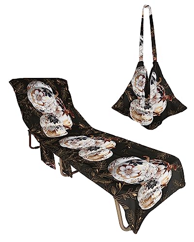 Thanksgiving Pumpkins Beach Chair Towel Covers for Chaise Lounge with Side Pocket, Soft Plush Pool Towels Cover for Patio Sunbathing Outdoor 29''x85'' Fall Leaves Autumn Gold Leaves Black