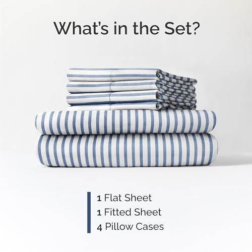 Image of Cal King 6 Piece Bed Sheet Set - Breathable & Cooling Sheets - Blue Stripes | Ultra-Soft Hotel Luxury Bedding Set with 8-16 Inch Deep Pockets, 1 Flat & 1 Fitted Sheet & 4 Pillowcases, Wrinkle & Fade Free