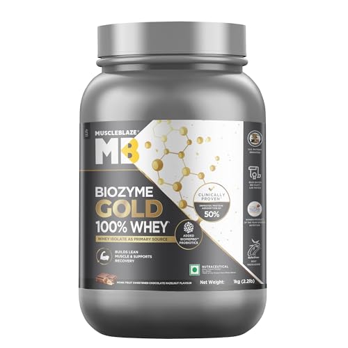 Image of MuscleBlaze Biozyme Gold 100% Whey Protein Powder (Monk Fruit Sweetened Chocolate Hazelnut, 1kg / 2.2 lbs) | 26g Protein Per Scoop | Whey Isolate as Primary Protein Source