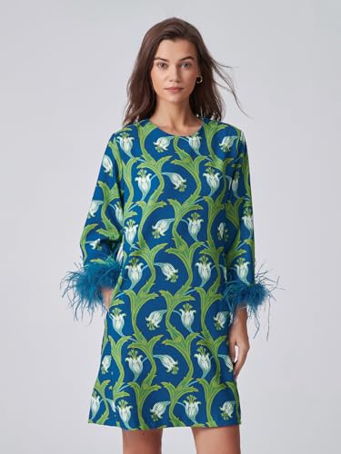 Image of D-Sun Women Feather Dress 3 /4 Feather Sleeves Mini Dress | Round Neck,Elegant Party Dress, Wedding Guest Cocktail Dresses with Pocket