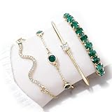 SKYGLEAM 4Pcs Emerald Green Crystal Bracelet Set for Women, Gold Tone Stackable Rhinestone Cuff Bangle Chain Bracelets, Boho Layered Party Jewelry Gift