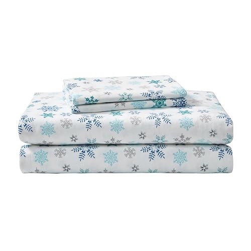 Eddie Bauer - Flannel Sheets Twin Size, Anti-Pilling & Wrinkle Resistant Cotton, Touchably Soft for All-Season Comfort - Bed Sheets with Matching Pillowcase & Fitted Sheet (Tossed Snowflake Blue)