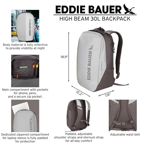 Eddie Bauer High Beam Backpack | Travel | Daypack | Commuter | Laptop Sleeve | Reflective | Outdoor | 30L Volume | Silver2