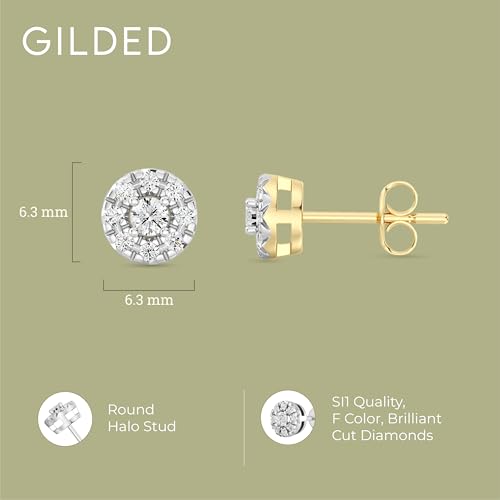Gilded Lab-Grown Diamond Sterling Silver and 14KT Yellow Gold Plated Silver Stud Earrings for Women | Round Halo Shaped Studs | Hypoallergenic Fine Jewelry | Prong Setting, Push Back Nut | SI1 Clarity, F Color 1/4, 1/2, 3/4, 1 Carat Total Weight4