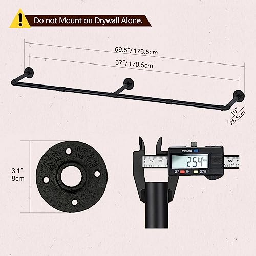 Greenstell Clothes Rack, 69.5 Inches Industrial Pipe Wall Mounted Closet Rod, Space-Saving Heavy Duty Hanging Clothing Rack, Detachable Hanger Bar, Multi-Purpose Hanging Rod For Closet Storage 3 Base #TOP4
