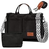 Aucuu Bolsos de Mujer, Bolso Bandolera Mujer Grande, Bolsos de Hombro con Cremallera, Bolso de Pana, Múltiples Bolsillos, Tote Bag, Shopper Bag, para Compras, Viajes, Escolares, Trabajo -Negro