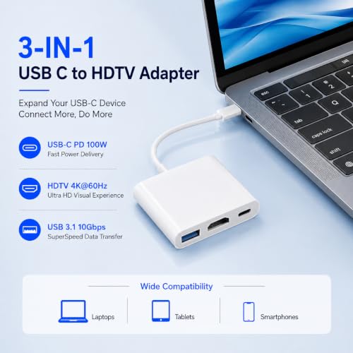 Image of Verilux 3 in 1 USB C to HDMI Adapter 4K 60Hz Video Output Hub