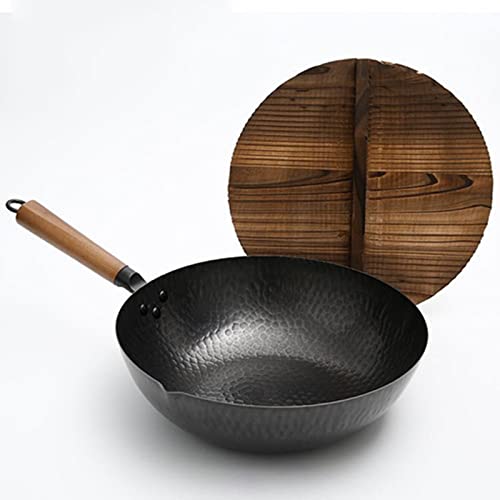 Wok de Hierro Fundido, 12.6 pulg, Fondo Plano, Mango Madera y Tapa