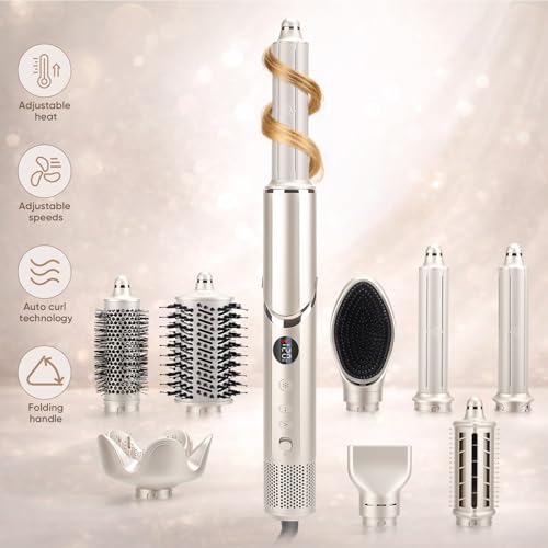 Image of 8 in 1 Hair Dryer Brush Multi Hot Air Styler with Auto Wrap Curler, 1.25 Inch Curling Iron, Fast Drying Foldable 110,000 RPM Blow Dryer Brush for Women Volumizing, Curling, Straighten, Frizz-Free