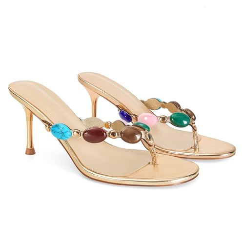 Jewelled Thong High Heel Sandals for Women Flip Flop Slip On Heeled Mules Round Open Toe Strappy Stiletto High Heels Wedding Party Dress Shoes