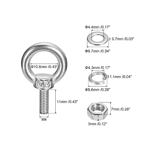 Image of uxcell Lifting Eye Bolt, 4 Sets M4x11mm Eye Bolt with Nut Washer 304 Stainless Steel Shoulder Lifting Ring Eye Bolt for Hanging Item