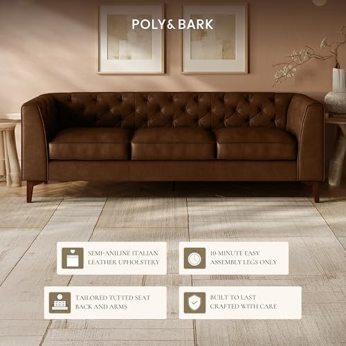 Image of Poly & BARK Essex 89 inch Full-Grain Italian Leather Sofa - Tufted Back, Feather-Down Comfort, Solid Wood Frame, Cocoa Brown