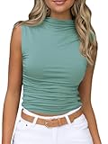 Tankaneo Womens Sleeveless Mock Turtleneck Tank Tops Slim Fitted Ruched Crop Top Shirts Green