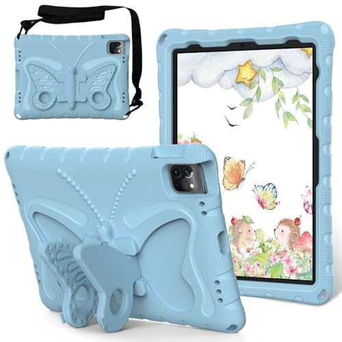 Coque iPad 11e génération 2025 en mousse EVA bleu clair avec support et bandoulière