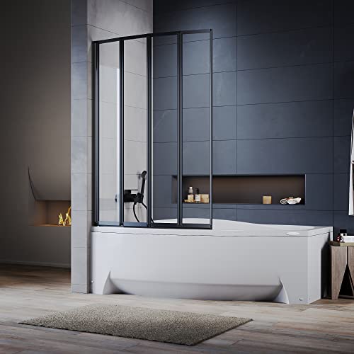 ELEGANT Black 4 Panel Folding Bath Shower Screen 900mm Over Bath Shower Screen Door Toughened Safety Clear Glass Bathtub Door Pivot Swing Panel