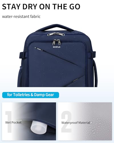 Image of ECOHUB 17 inch Small Unisex Travel Backpack United Airlines Approved 17x10x9 Friendly Suitcase Anti-Theft Lockable Zippers Style Personal Item Bag Travel Essentials with 12 Pockets Water Resistant, Blue