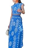 THLAI Women's Bohemian Floral Printed 2 Piece Set Crop Tank Top & Beach Party Maxi Dress Set Outfit Blue